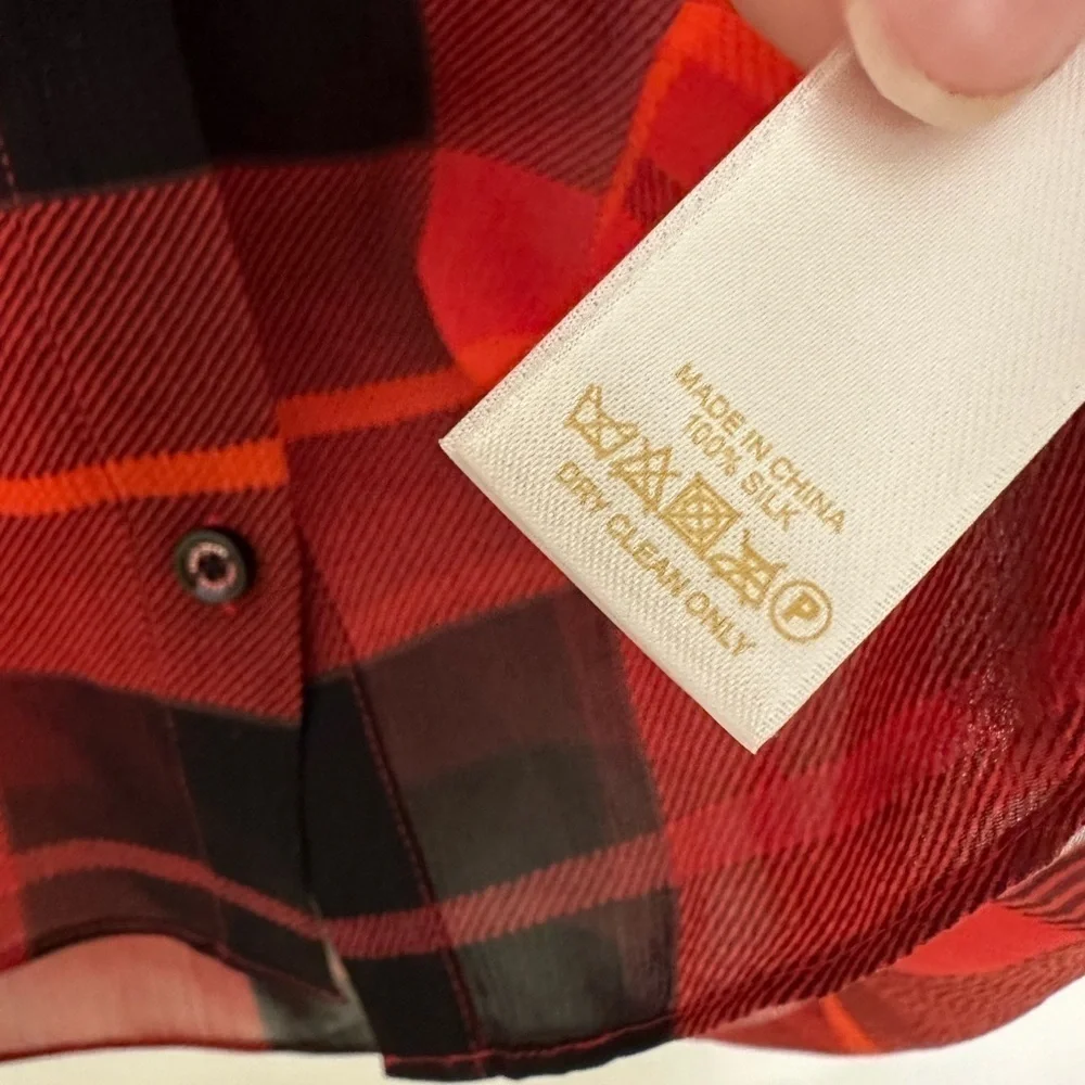Kate Spade Red Plaid Semi Sheer Silk Ruffle Shirt size 2